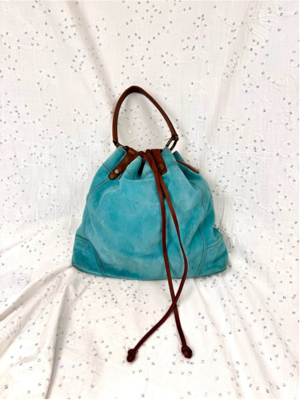 Lucky Brand Y2K Teal Suede Leather Drawstring Hobo Bag Boho Bucket Purse - Picture 2 of 7